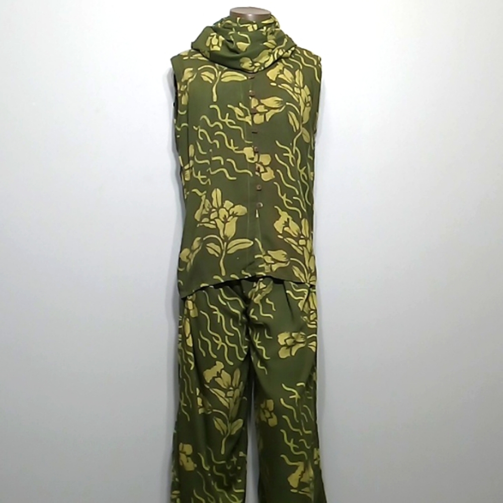 Comfortable Summer 3pc Green tank top split pants set with Scarf by Ok Mike